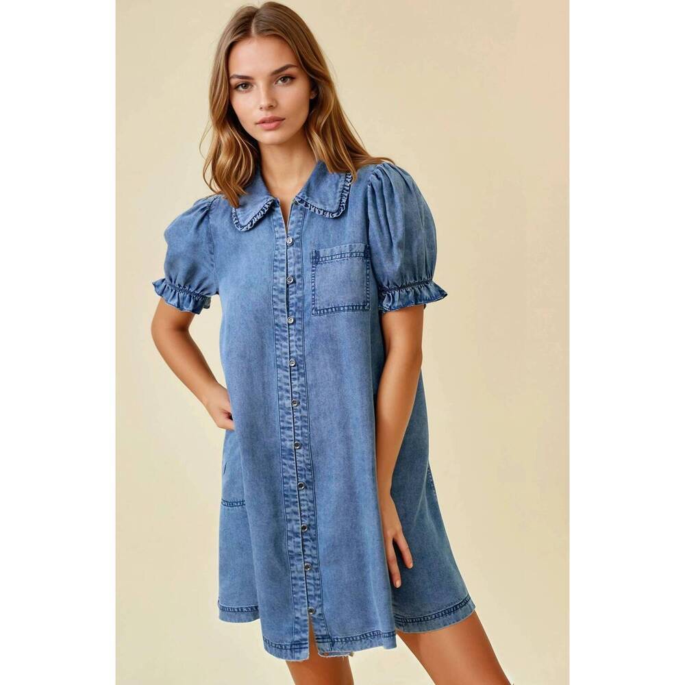 NEW DOE AND RAE denim ruffle mini dress in blue